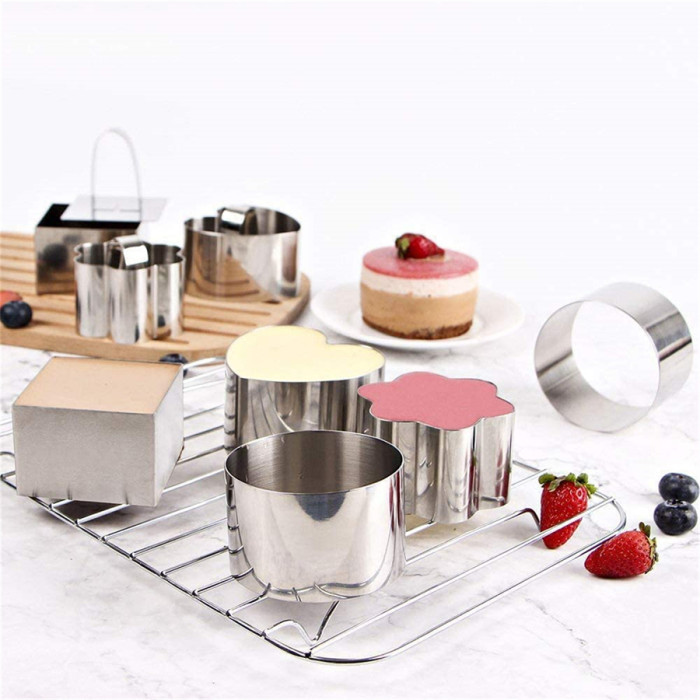 5 Pack Stainless Steel Cake Rings,Mousse and Pastry Mini Baking Cake Ring Mold with Pusher,Cookie Cutters Set for Baking,Small Cake Ring Set for Kids Girls ,Salad Dessert Mold and Cake Decorating Tool (Round,Heart,Plum Blossom,Square,Triangle)