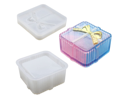 Square Gift Box Resin Mold, Silicone Jewelry Box Mold with Lid Square Silicone Box Mold with Bow Decoration Storage Box Resin Mold for Gift Box Jewelry Jar Candy Jar