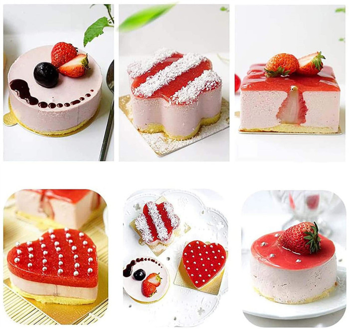 5 Pack Stainless Steel Cake Rings,Mousse and Pastry Mini Baking Cake Ring Mold with Pusher,Cookie Cutters Set for Baking,Small Cake Ring Set for Kids Girls ,Salad Dessert Mold and Cake Decorating Tool (Round,Heart,Plum Blossom,Square,Triangle)