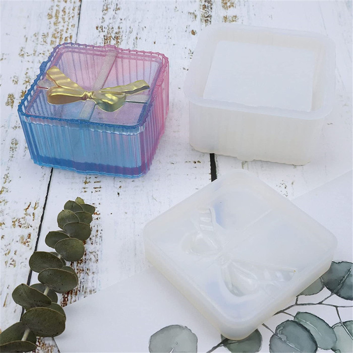 Square Gift Box Resin Mold, Silicone Jewelry Box Mold with Lid Square Silicone Box Mold with Bow Decoration Storage Box Resin Mold for Gift Box Jewelry Jar Candy Jar