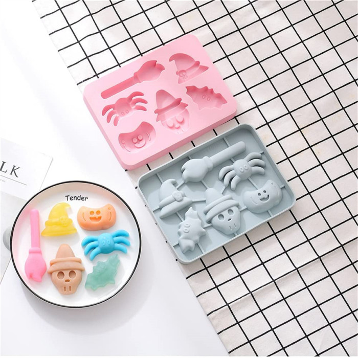 2 Pack Halloween Silicone Cake Mold Pumpkin Bat Skull Witch Hat and Broom Shape Silicone Mold for Chocolate Candy Gummy Crayon Melt Biscuits Soap Molds Silicone Making Kit for Kids (Random color)
