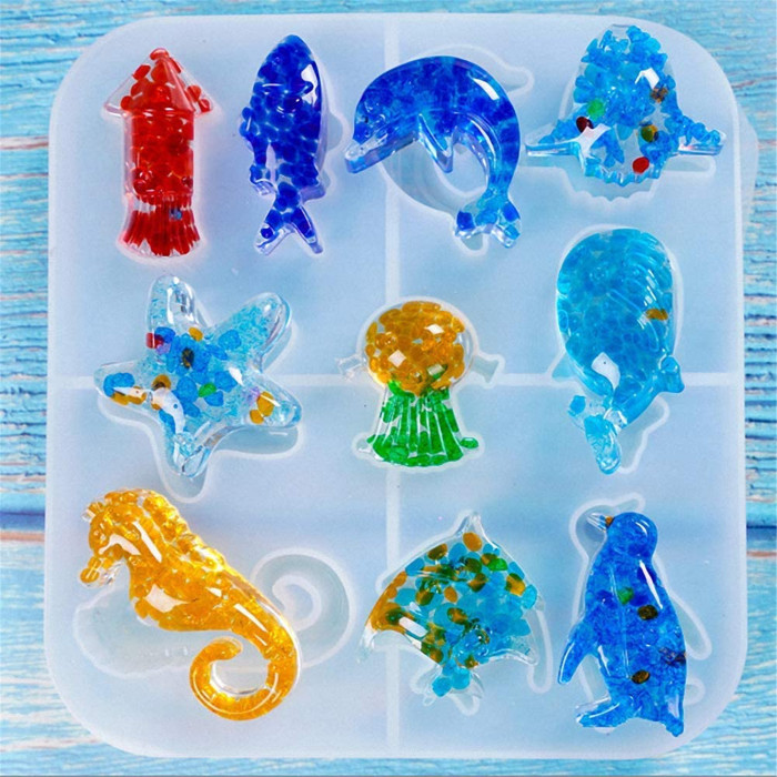Sea Animals Resin Molds Starfish Whale Shark Dolphin Sea Horse Penguin Jewelry Casting Trays for Earrings Gems Pendant Keychain Craft DIY Making