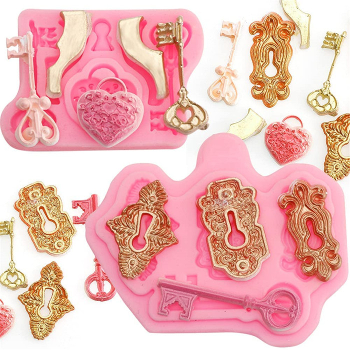 2Pcs Vintage Lock and Key Silicone Molds for DIY Cake Fondant Biscuit Cookies Soap Sugar Pudding Chocolate Hard Candies Dessert Candle Decor