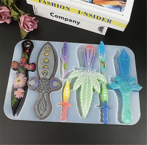 Dagger Resin Molds, 8 Different Shape Sword with Moon Phase Design Silicone Casting Molds for Epoxy Resin, DIY Keychain, Cosplay, Home Decoration