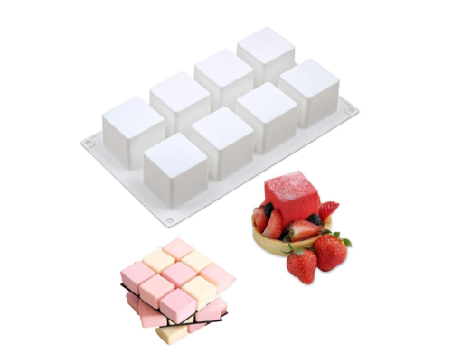 3D Square Silicone Mold, Mousse Cake Baking Molds, Dessert Molds for Soap bar Candle, Jelly, Brownie, Cheesecake, Chocolate Truffle Pudding and Ice Cream Bombe, 8-Cavity