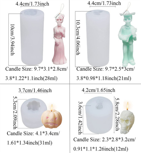 4 Pieces Silicone Candle Molds Halloween Ghost Bridegroom Bride Pumpkin Skull Resin Casting Mold 3D Epoxy Molds for Candles Soaps Clay Crafts Making