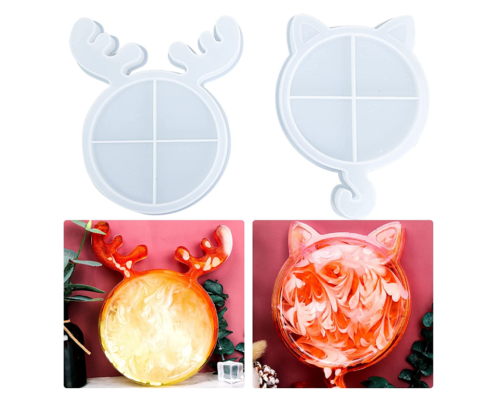2Pcs Christmas Resin Coasters Molds Epoxy Resin Molds Cat Antler Tray Silicone Mold for Home Decoration Christmas Gift