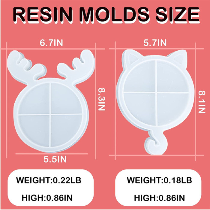2Pcs Christmas Resin Coasters Molds Epoxy Resin Molds Cat Antler Tray Silicone Mold for Home Decoration Christmas Gift