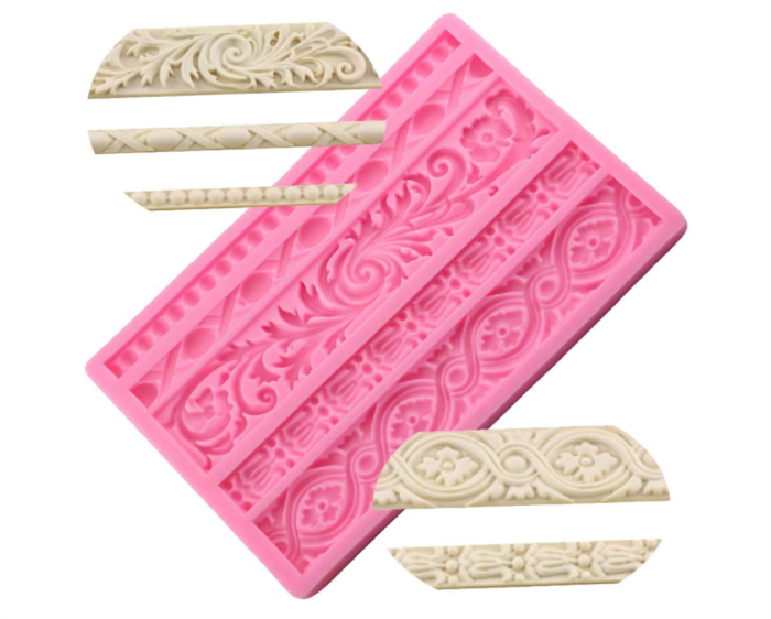 DIY Baroque Scroll Relief Cake Border Silicone Molds, Baroque Style Curlicues Scroll Lace Fondant Silicone Mold, European Frame Cake Decorating Tools, Relief Flower Lace Mould Mat(Random color)
