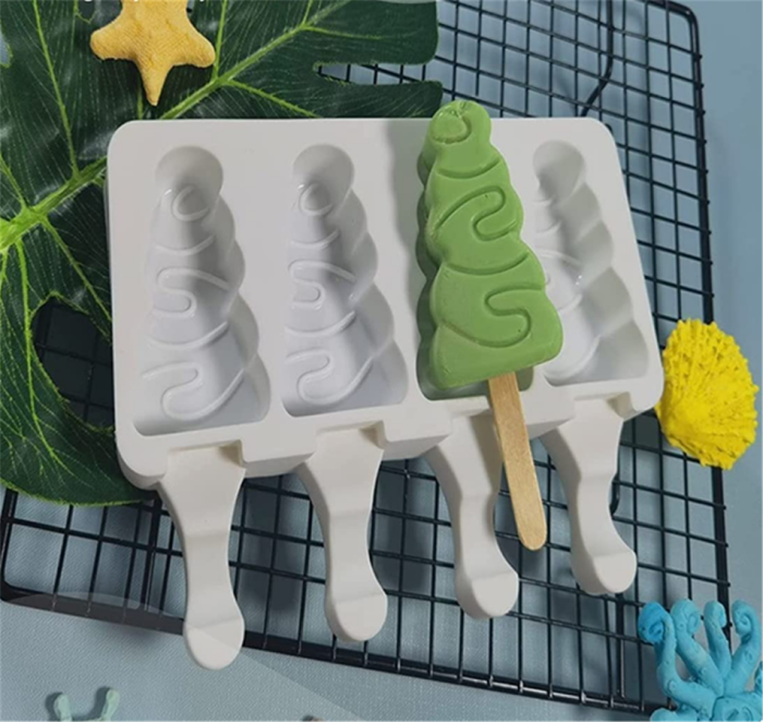 Popsicle Molds Reusable Christmas Tree Ice Pop Molds Trays 4 Slots Easy Release Popsicle Shaper Cake Pops Mold with 50 Wooden Sticks