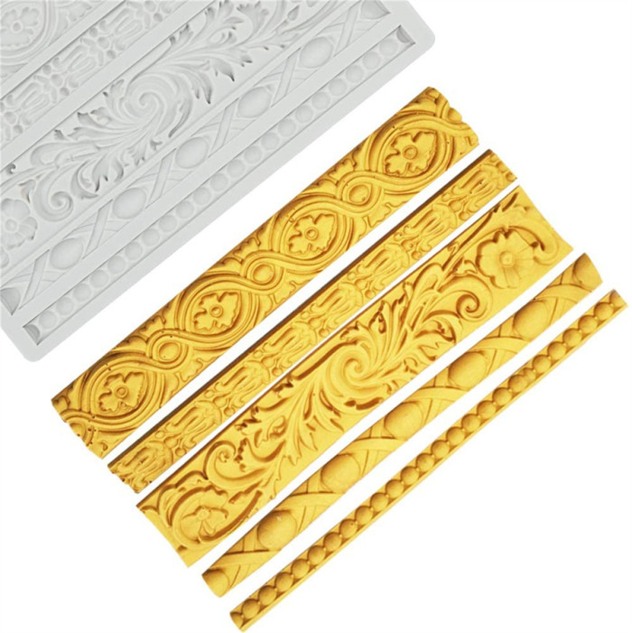 DIY Baroque Scroll Relief Cake Border Silicone Molds, Baroque Style Curlicues Scroll Lace Fondant Silicone Mold, European Frame Cake Decorating Tools, Relief Flower Lace Mould Mat(Random color)