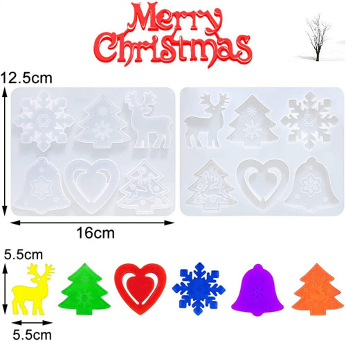 6Pcs Christmas Sign Resin Silicone Mold Silicone Ornament Casting Molds for DIY Christmas Tree Christmas Deer and Christmas Snow Jewelry Crafts