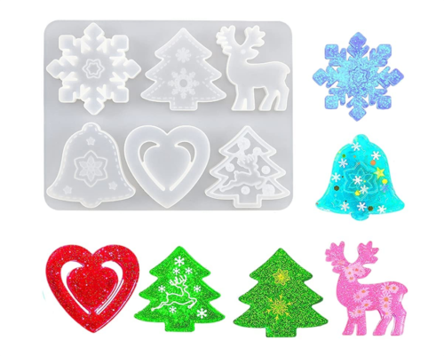 6Pcs Christmas Sign Resin Silicone Mold Silicone Ornament Casting Molds for DIY Christmas Tree Christmas Deer and Christmas Snow Jewelry Crafts