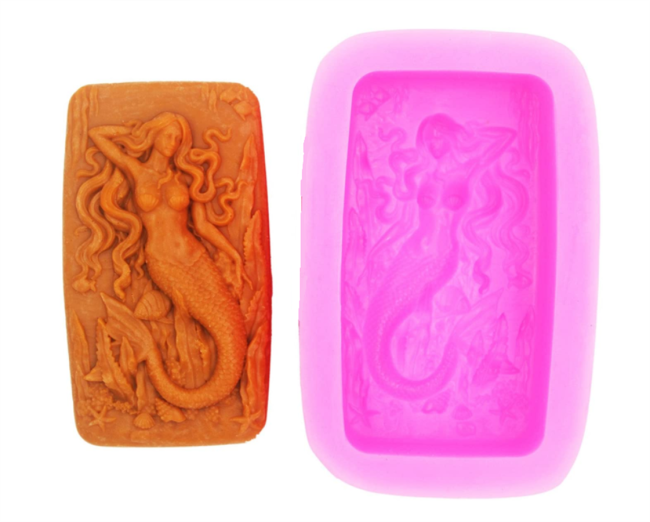 Mermaid and Fishes Soap Mold -  Large Mermaid Silicone Mold for Handmade Soaps, Lotion Bars, Bath Bombs, Wax, Crayon, Polymer Clay, Plaster of Paris