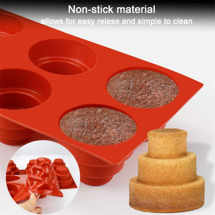 6 Cavities Mini 3 Tier Cake Silicone Pan - Multi Tiered Cupcake Mold DIY Round Cupcake Pudding Cookie Chocolate Baking Pan Nonstick Home Made Baking