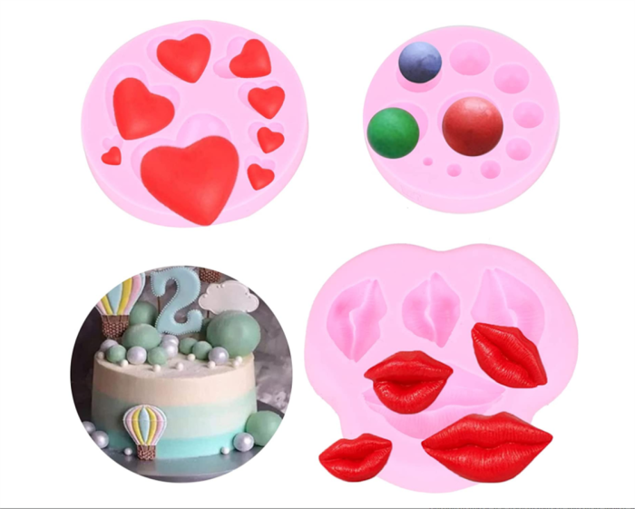 3pcs Mini Sizes Lips Heart and Dot for DIY Cake Fondant Baking Biscuit Tray 3D Cupcake Topper Desserts Drop Glue Decor Silicone Mold Tool Baby Shower Valentine's Day Party Supplies
