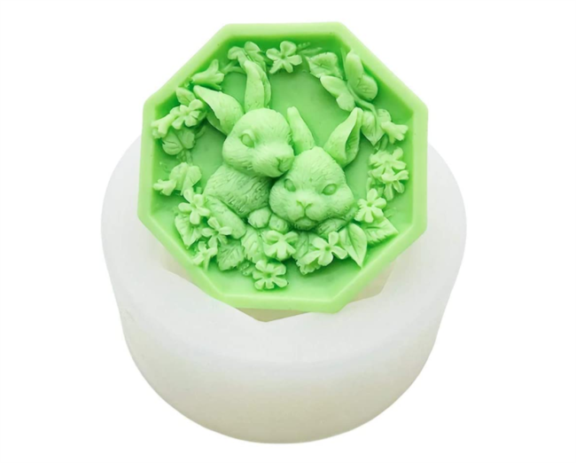 Octagon Frame Rabbit with Flowers Silicone Soap Mold Easter Bunny Handmade Soap Mold DIY Handicraft Clay Resin Aroma Stone Moulds Easter Day Gift