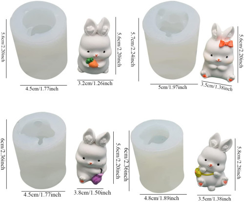 4 Pieces Cute Mini Cartoon Rabbit Molds Easter Bunny Carrot Silicone Mold for Handmade Resin Crafts DIY Soap Candle Plaster Making Desktop Decoration Ornaments Cake Baking Chocolates Mould Tool