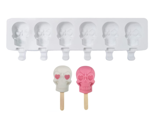 Ice Cream Molds Popsicle Molds 6 Cavities Skull Shape Silicone Cake Pop Mold Ice Pop for Home Kitchen( 50 Wooden Sticks )