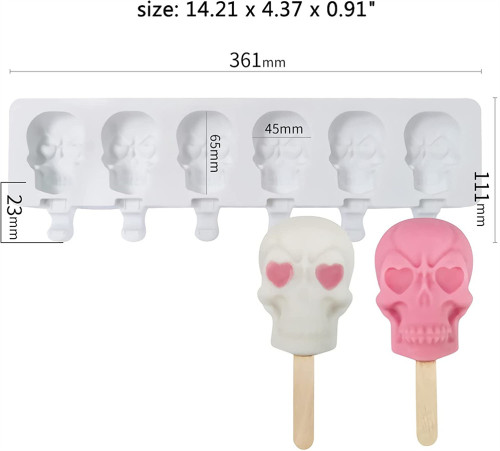 Ice Cream Molds Popsicle Molds 6 Cavities Skull Shape Silicone Cake Pop Mold Ice Pop for Home Kitchen( 50 Wooden Sticks )