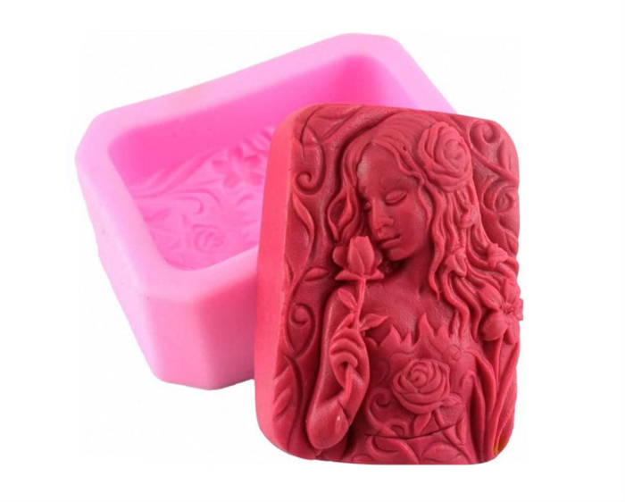 Young Girl with Rose Soap Mold - Teenage Maiden with Flowers Craft Art Silicone Mold for Handmade Soap, Bath Bomb, Lotion bar, Chocolate, Jello, Crayon, Wax