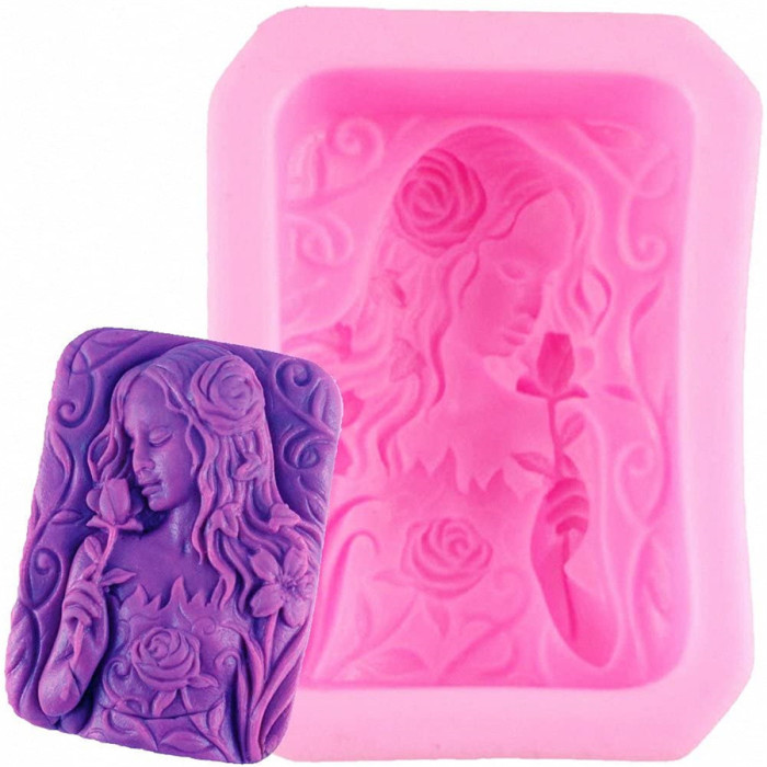 Young Girl with Rose Soap Mold - Teenage Maiden with Flowers Craft Art Silicone Mold for Handmade Soap, Bath Bomb, Lotion bar, Chocolate, Jello, Crayon, Wax