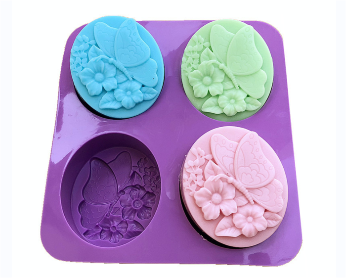 4 Cavities Flower Butterfly Oval Bath Soap Silicone Mold  Fairy Fondant Chocolate Candy Cake Decorating Baking Tools Silicone Candle Mold Polymer Clay Mould