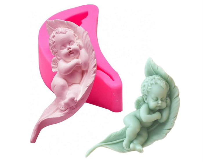 Cute Sleeping Angel Baby on a Leaf Silicone Fondant Mold Angel with Wings Baby Shower Birthday Party Cake Decoration Chocolate Candy Mold Soap Wax Melt Clay Mold