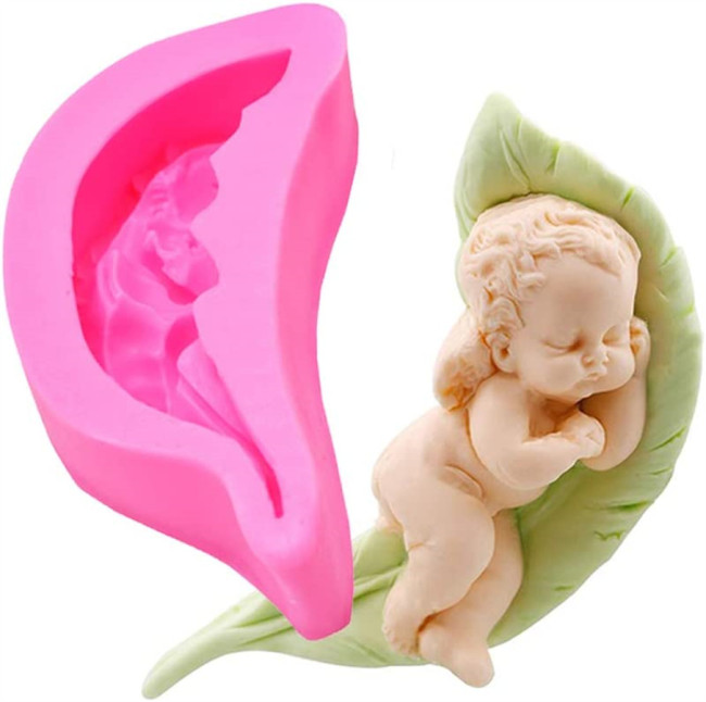 Cute Sleeping Angel Baby on a Leaf Silicone Fondant Mold Angel with Wings Baby Shower Birthday Party Cake Decoration Chocolate Candy Mold Soap Wax Melt Clay Mold