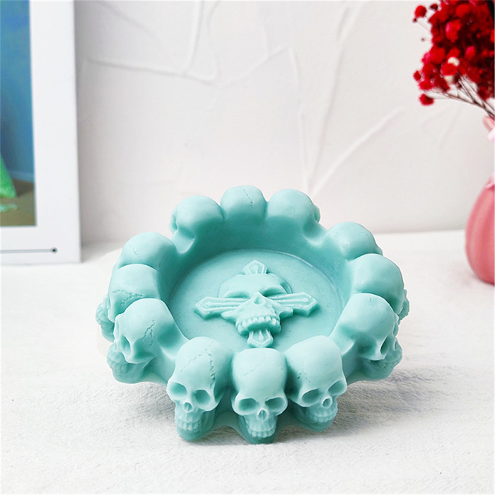 Skull Ashtray Resin Mold, Halloween Skull Silicone Mold Skeletons Jewelry Storage Round Box Casting Mold for DIY Family Decoration