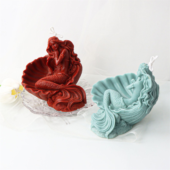 3D Scallop Shell Mermaid Candle Mold Sleeping Mermaid Silicone Mold for Fondant, Chocolate, Dessert, Cake Decor, Soap, Polymer Clay, Plaster Ornament, Resin Art