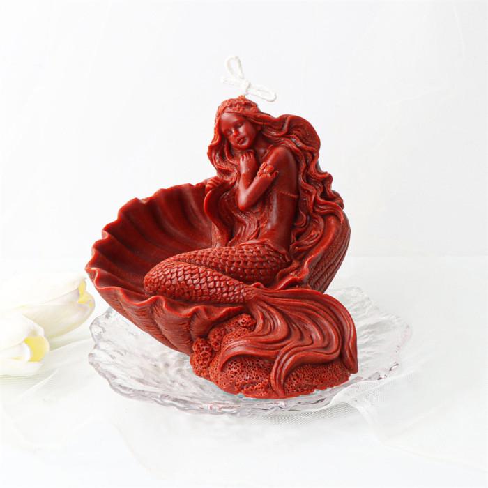 3D Scallop Shell Mermaid Candle Mold Sleeping Mermaid Silicone Mold for Fondant, Chocolate, Dessert, Cake Decor, Soap, Polymer Clay, Plaster Ornament, Resin Art