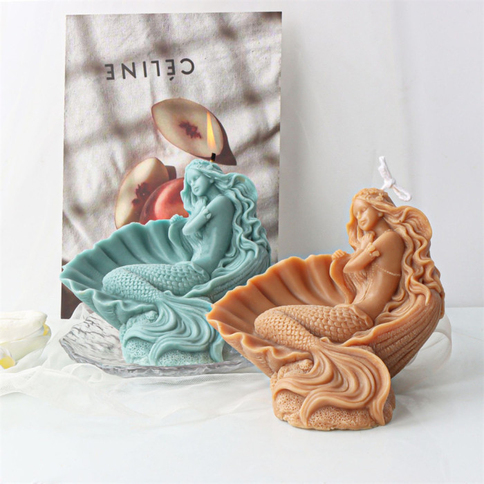 3D Scallop Shell Mermaid Candle Mold Sleeping Mermaid Silicone Mold for Fondant, Chocolate, Dessert, Cake Decor, Soap, Polymer Clay, Plaster Ornament, Resin Art