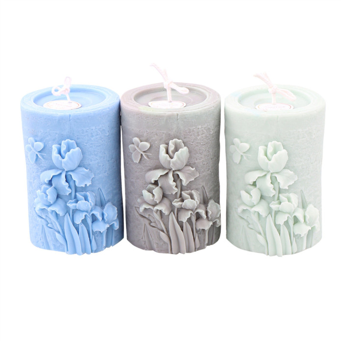 Silicone cylinder relief flower candle mold DIY butterfly flower column fragrance decoration mold