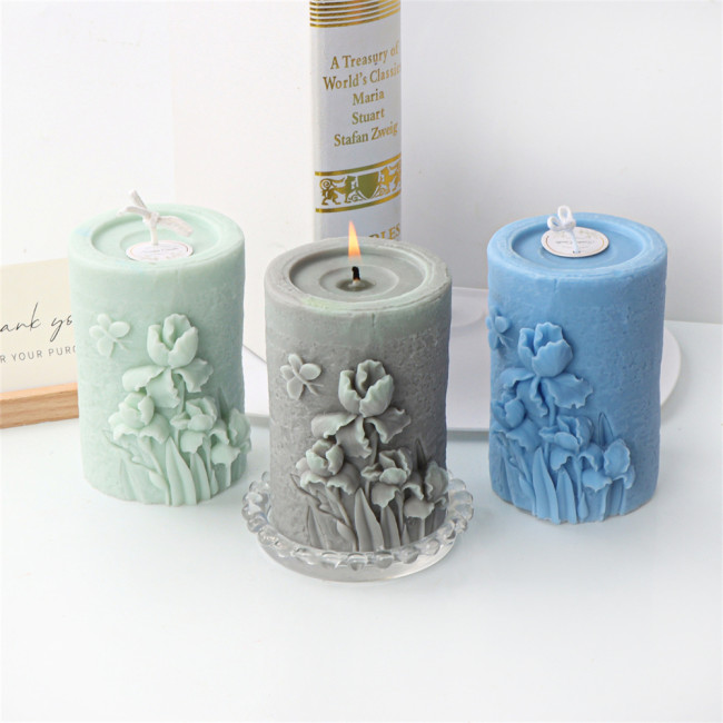 Silicone cylinder relief flower candle mold DIY butterfly flower column fragrance decoration mold