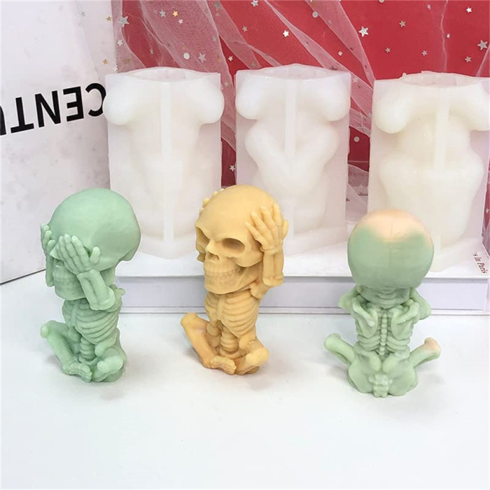 3D Skull Candle Mold Skeleton Epoxy Resin Casting Mold DIY Skull Candle Mold for Halloween Party Horror Themed Party Homemade Casting Moulds for Aromatherapy Candle, Soap -3 Pack