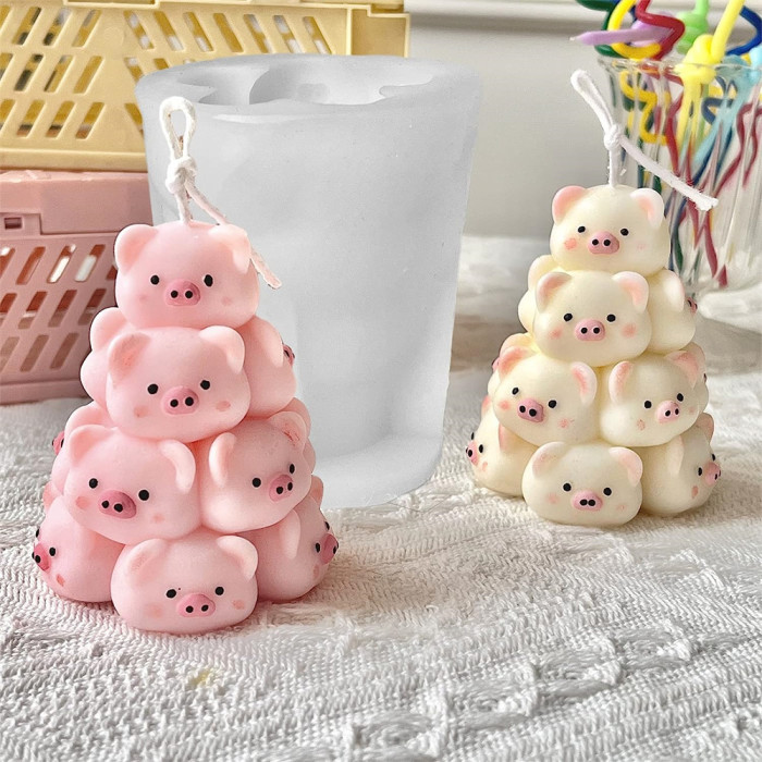 Piggy Christmas Tree Silicone Candle Mold, DIY 3D Piggy Tower Shape Mold, Stack Piggy for Candle Making Handmade Ornaments, Cute Animal Molds for Christmas Gift