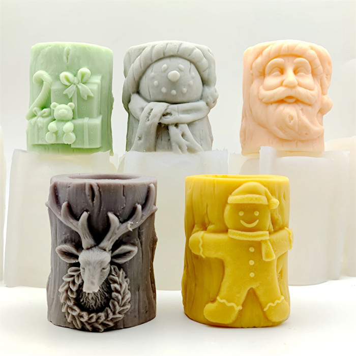 Embossed Christmas Candle Mold Silicone Pillar Candle Mould Handmade Candles Plaster Resin Table Decoration Tool Stump Shaped 5 Styles