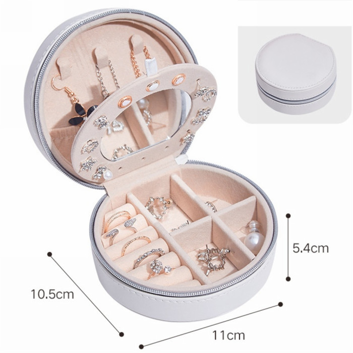 3 layers round jewelry bag withe mirror zipper for women girl earring ring necklace organizer storage box waterproof,high-capa city