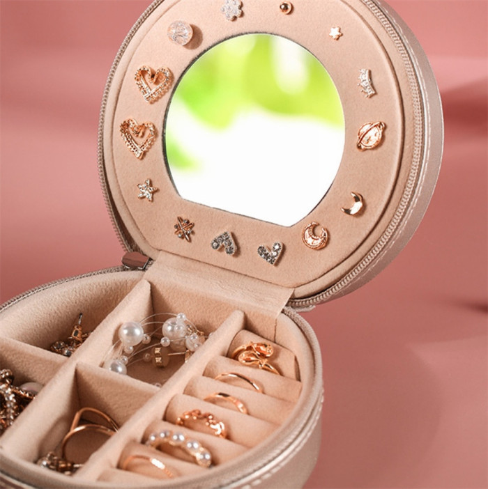 3 layers round jewelry bag withe mirror zipper for women girl earring ring necklace organizer storage box waterproof,high-capa city