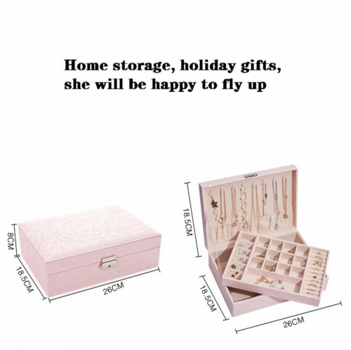 2 layers jewelry organizer storage box with lock catch for women girl gifts earring ring necklace organizer PU waterproof pink / white