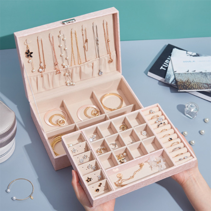 2 layers jewelry organizer storage box with lock catch for women girl gifts earring ring necklace organizer PU waterproof pink / white