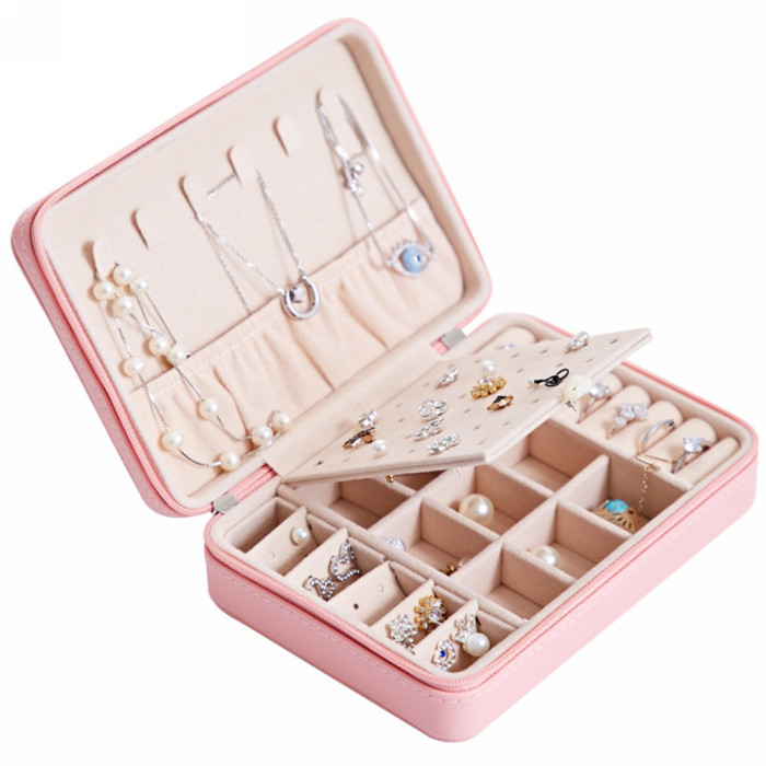 Jewelry box / bag with mirro zipper travel for women girls rings earrings necklaces bracelets organizer storage 4 colors