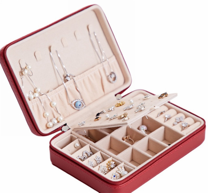 Jewelry box / bag with mirro zipper travel for women girls rings earrings necklaces bracelets organizer storage 4 colors