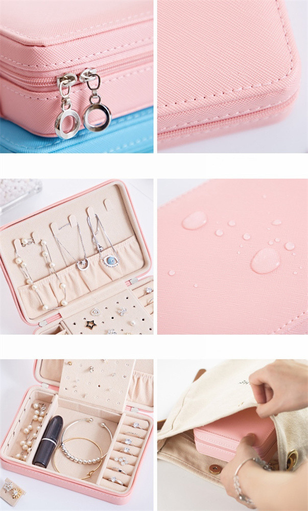 Jewelry box / bag with mirro zipper travel for women girls rings earrings necklaces bracelets organizer storage 4 colors