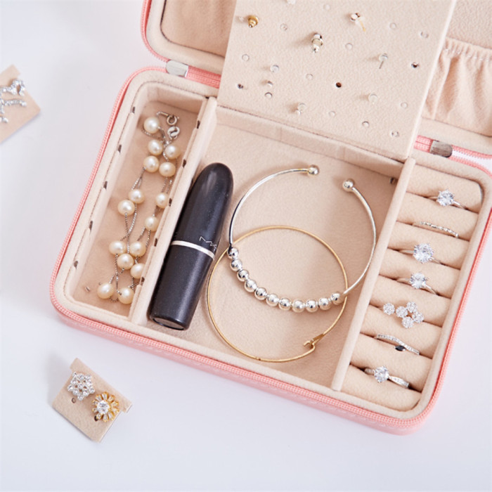 Jewelry box / bag with mirro zipper travel for women girls rings earrings necklaces bracelets organizer storage 4 colors