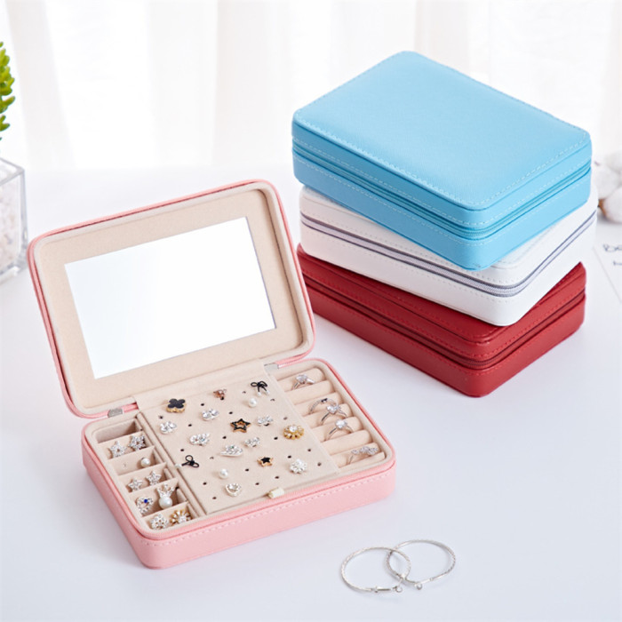 Jewelry box / bag with mirro zipper travel for women girls rings earrings necklaces bracelets organizer storage 4 colors