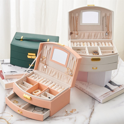Jewelry organizer box with mirror 2 layers for women girl  earrings necklaces holder rings bracelets stand 3 colors