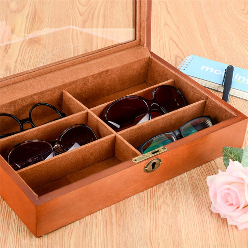 Wood Glasses organizer 6 slots with clear lid lock catch sunglass eayglass storage case classic display case