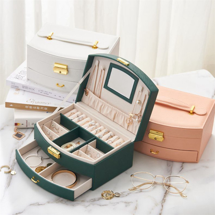 Jewelry organizer box with mirror 2 layers for women girl  earrings necklaces holder rings bracelets stand 3 colors